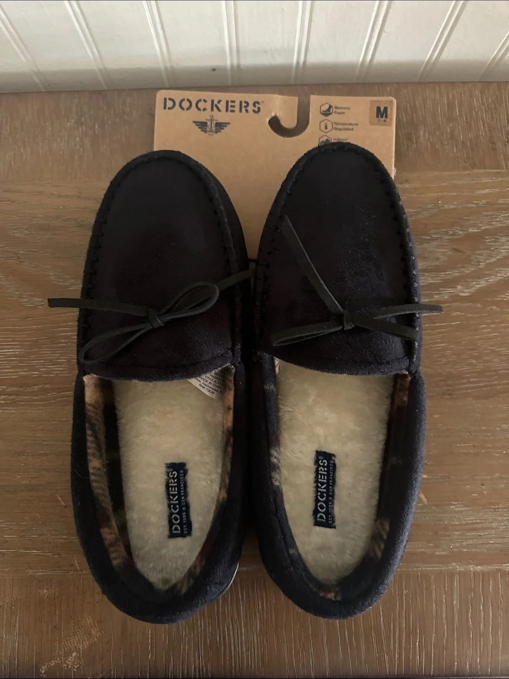 NEW Dockers Memory Foam Navy Blue Suede Moccasin Slippers sz M (7/8)